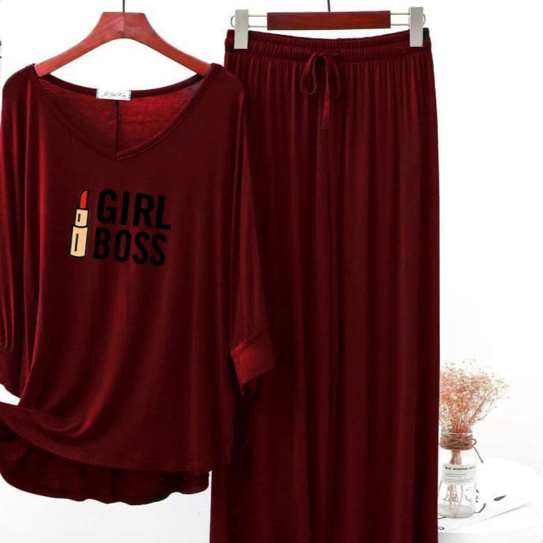 Maroon Printed V-Neck Palazzo Lounge Wear For Women PJ Set