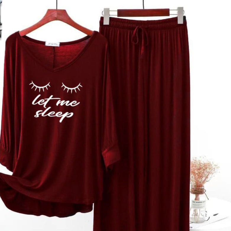 Maroon Printed V-Neck Palazzo Lounge Wear For Women PJ Set